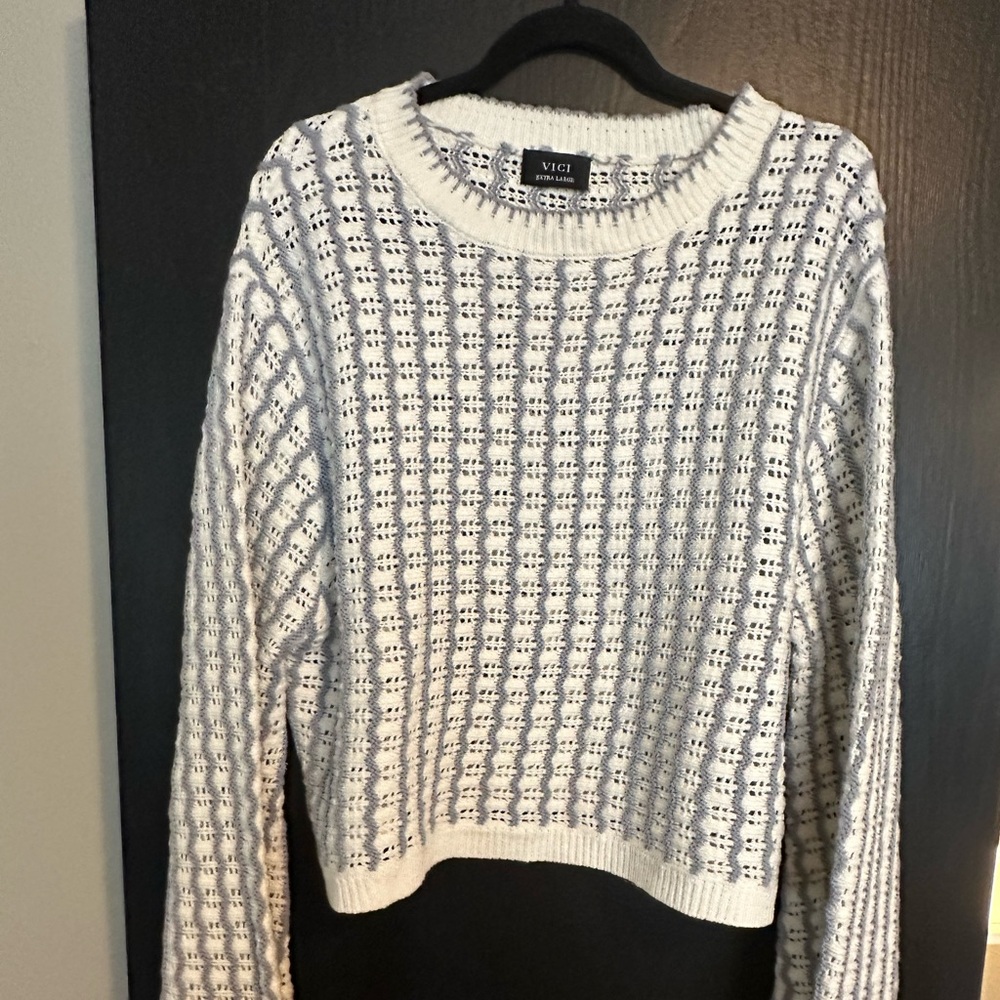 Vici Blue and White Bell Sleeved Patterned Women's Sweater